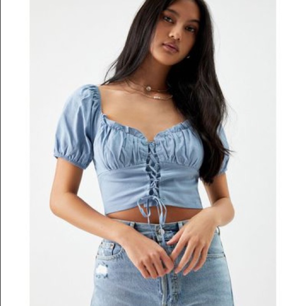 blue lace up bustier top with puffed sleeves from pacsun